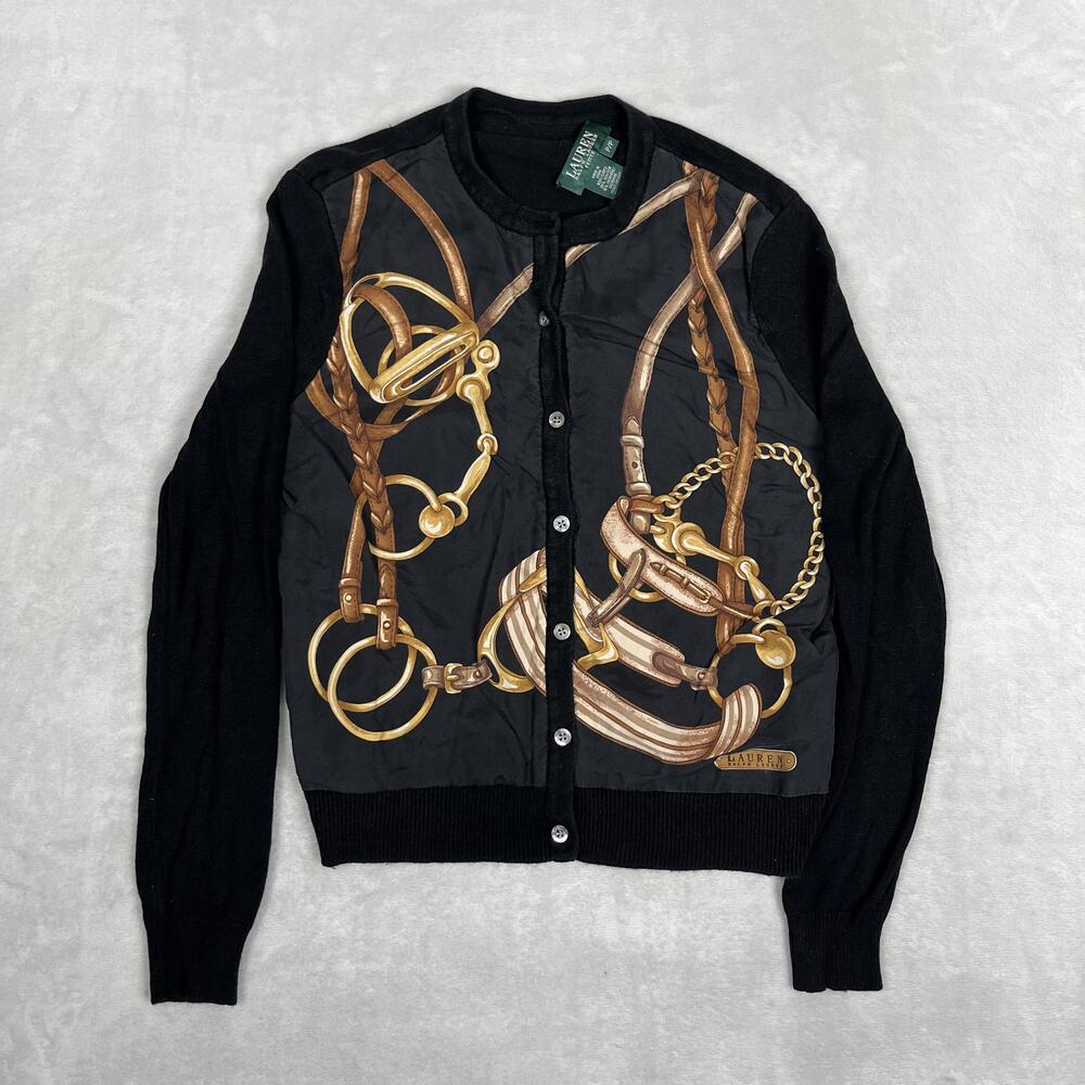Lauren Ralph Lauren Sweater Womens Small Petite Black Silk Equestrian Cardigan